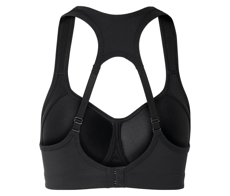 Hátulnézet egy fekete sportmelltartóról, állítható pántokkal és kapcsos zárással.