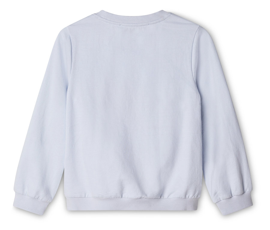 Világoskék, hosszú ujjú pulóver, hátulról fényképezve.