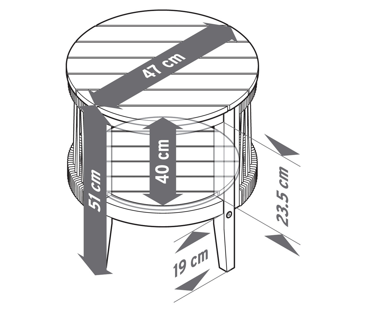 Vázlat egy levehető asztallappal ellátott kerti asztalról, kb. 50 cm átmérővel, méretekkel.