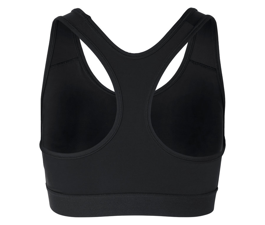 Hátulnézet egy fekete, racerback sportmelltartóról.