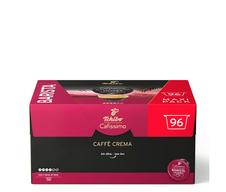 Nagy, fekete-magenta színű Tchibo Cafissimo Caffè Crema csomag 96 kávékapszulával.