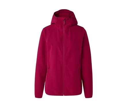 Magenta softshell kabát kapucnival, teljes hosszúságú cipzárral és oldalzsebekkel.
