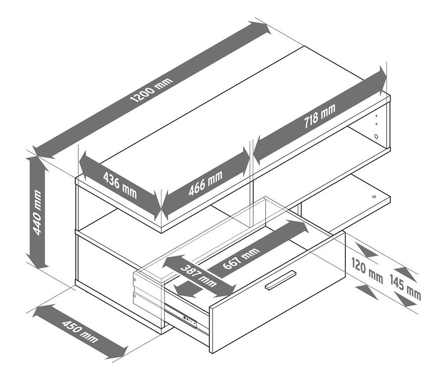 A TV szekrény diagramja méretekkel.