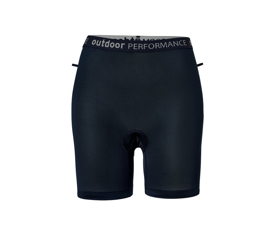 Elölnézetben egy sötétkék női kerékpáros alsónadrág látható.