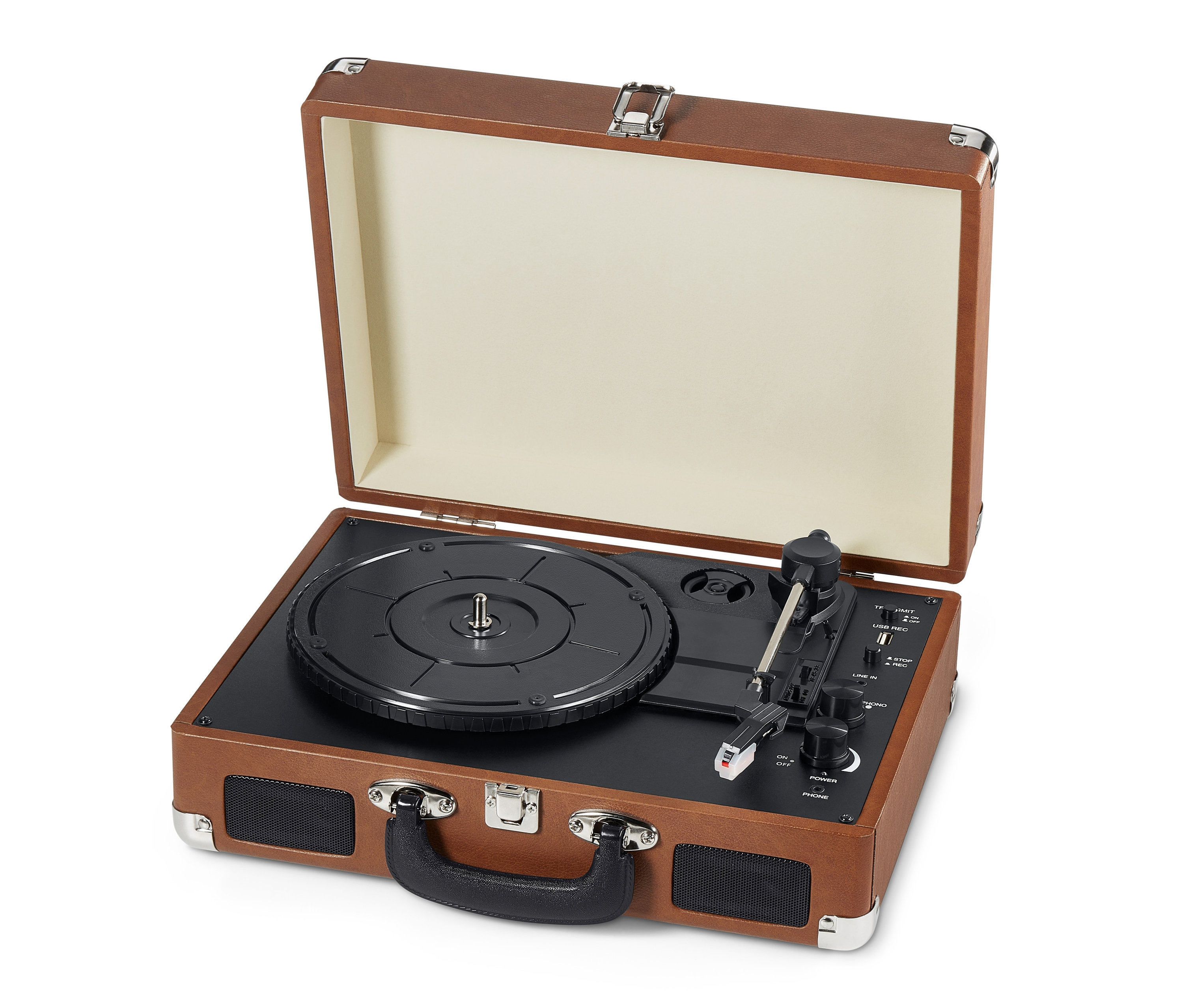 Egy nyitott barna hordozható retro lemezjátszó Bluetooth®-szal.