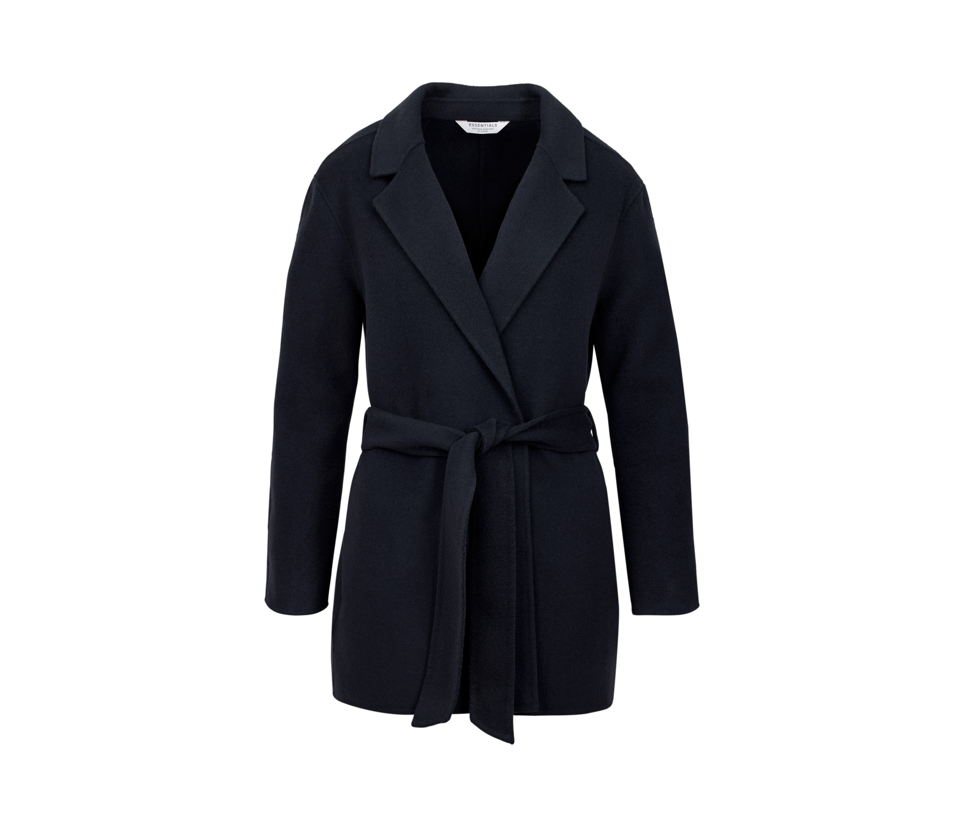 Sötétkék, kasmír gyapjúkabát övvel.
