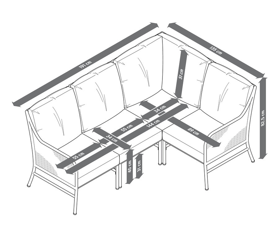 Ábra egy kerti sarokülőgarnitúráról, polyrattan elemekkel, méretekkel.