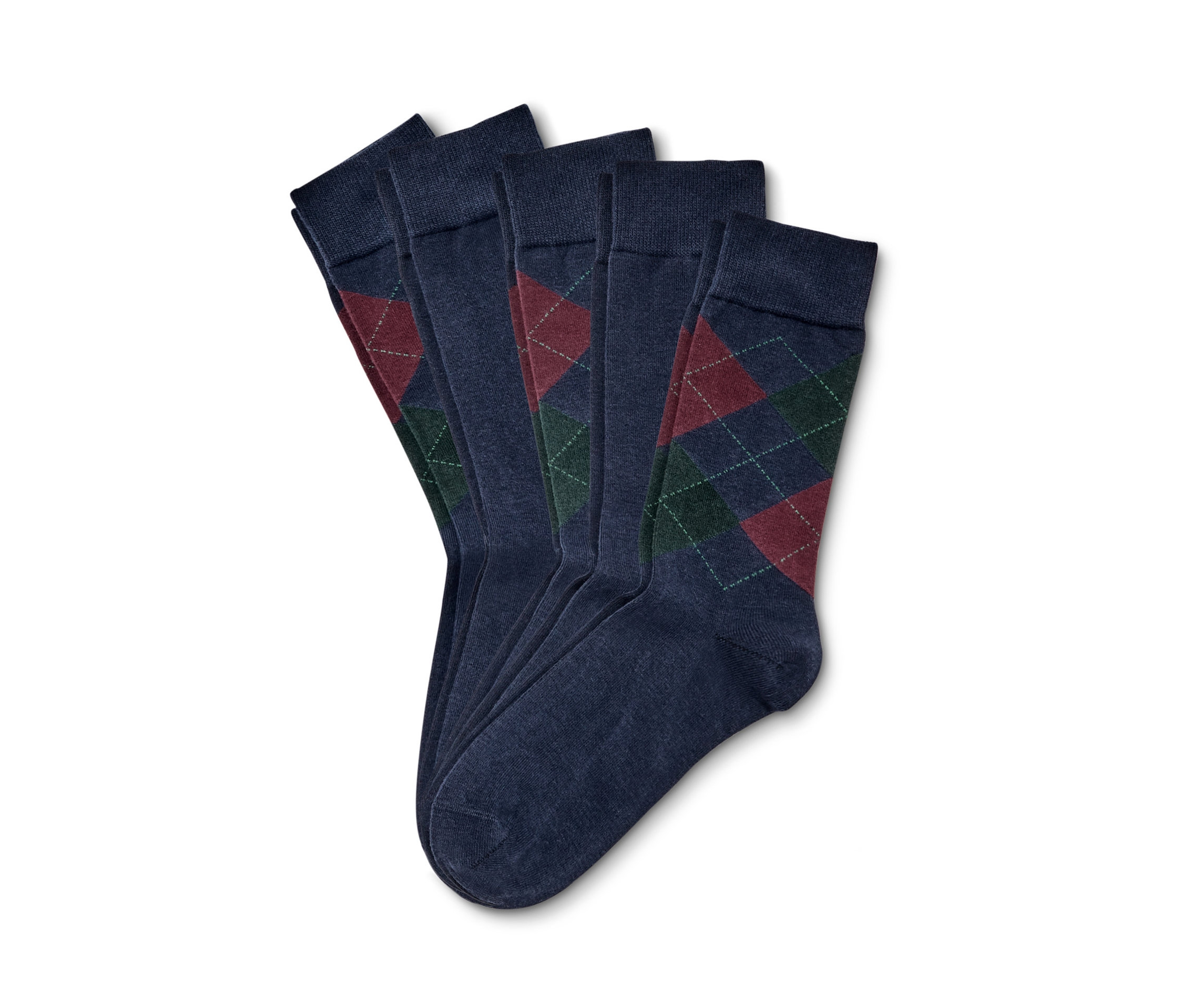 Öt pár kék, zöld és piros gyémántmintás zokni.
