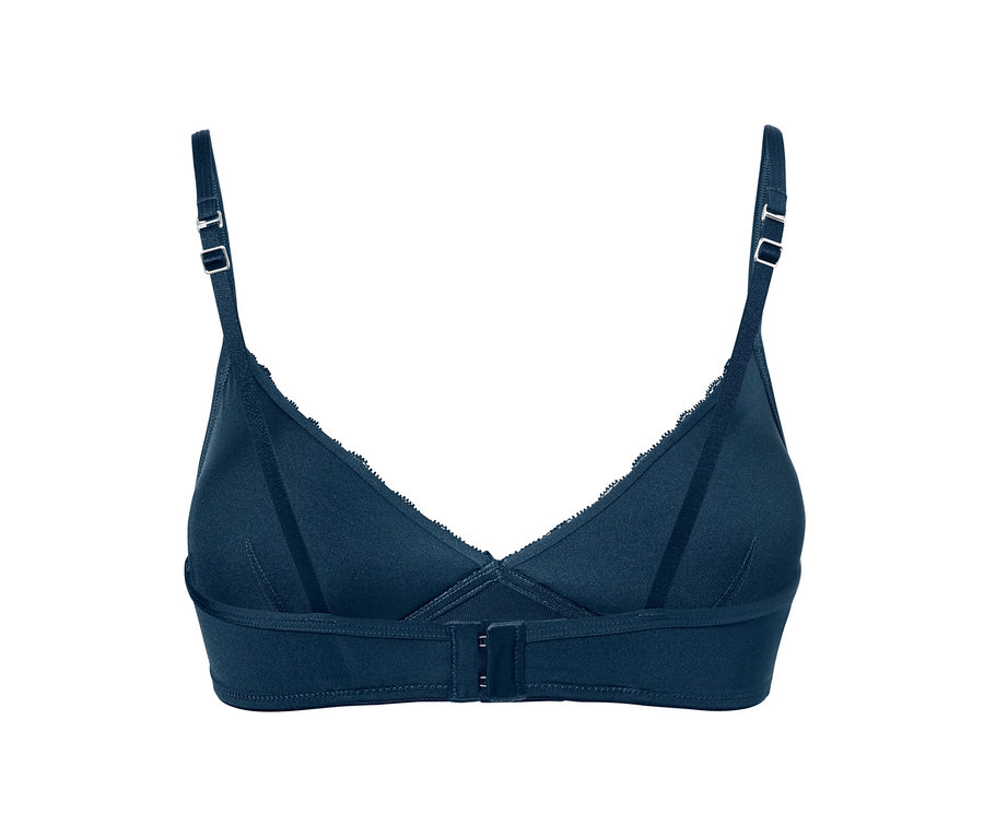 Sötétkék, csipkés, puha női melltartó állítható pántokkal.