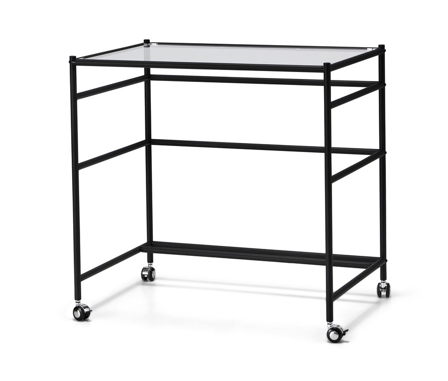 Fekete, görgős, üveglapos íróasztal.