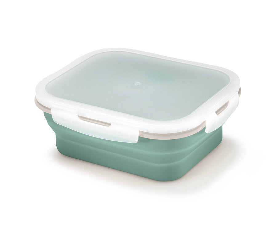 Zöld, összecsukható ételhordó doboz átlátszó fedővel.