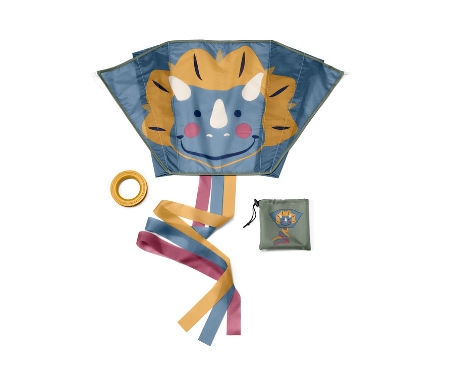 Kék sárkány táskában dinoszaurusz arccal, sárga karikával és tokkal.