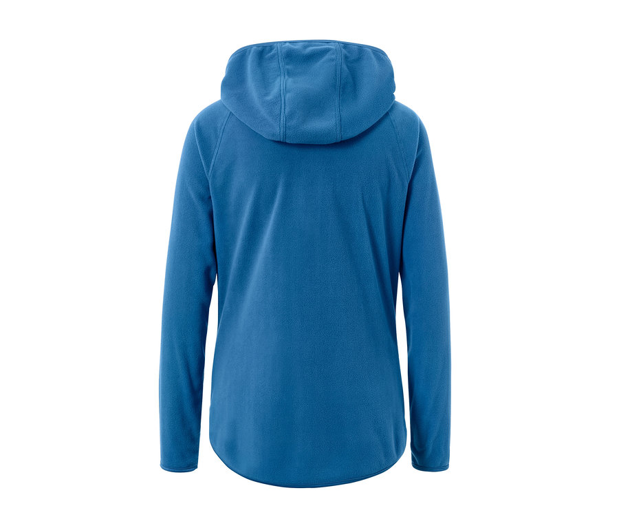 Kék, kapucnis női mikropolár felső.