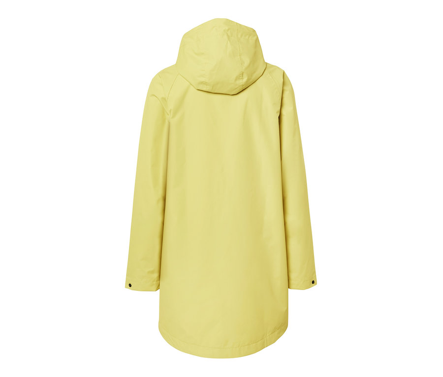 Hátulnézet egy sárga esőkabátról, kapucnival.
