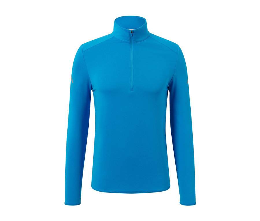 Egy neonkék funkcionális termofelső részletfotója.