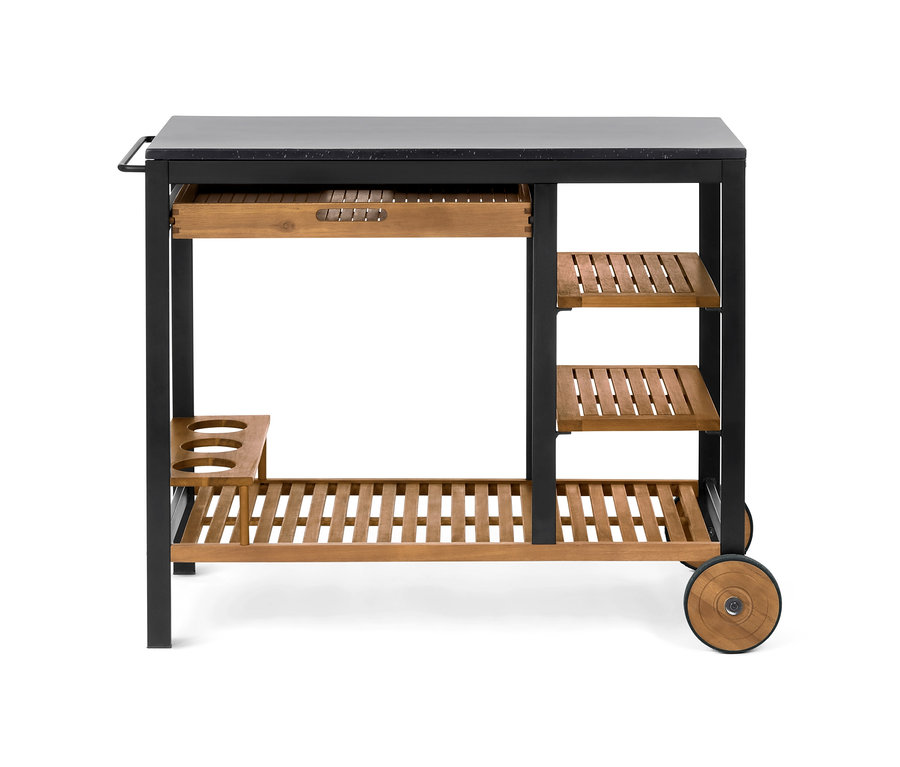 Fekete »Elin« grillkocsi fiókkal, beton munkafelülettel és fa polcokkal.