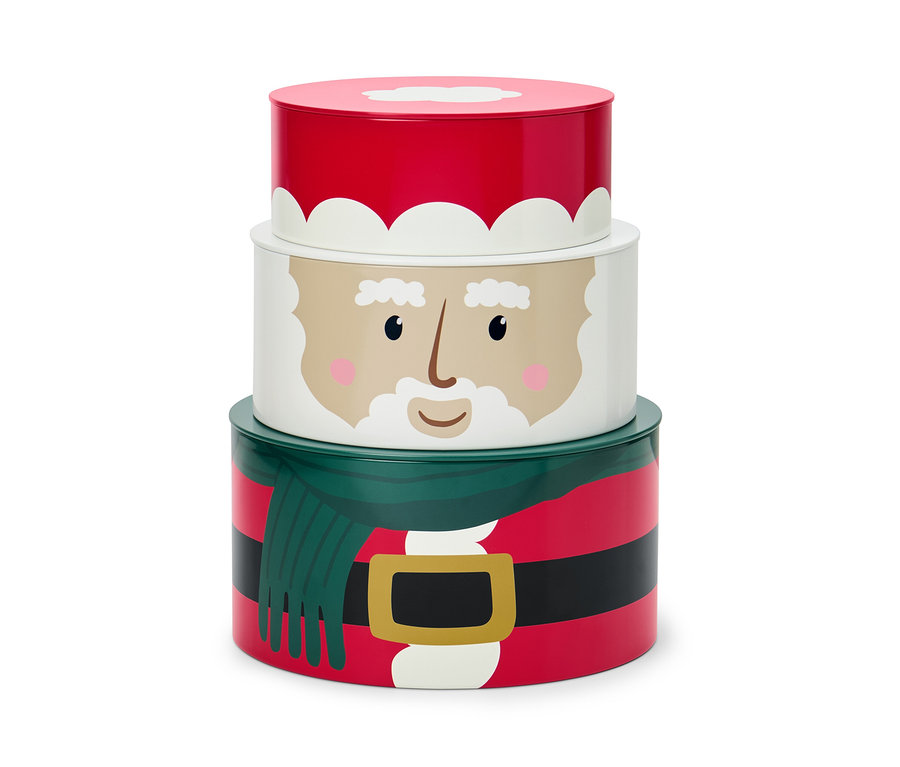 Egy halomba rakott, karácsonyi mintájú kekszesdoboz szett, 3 darab.