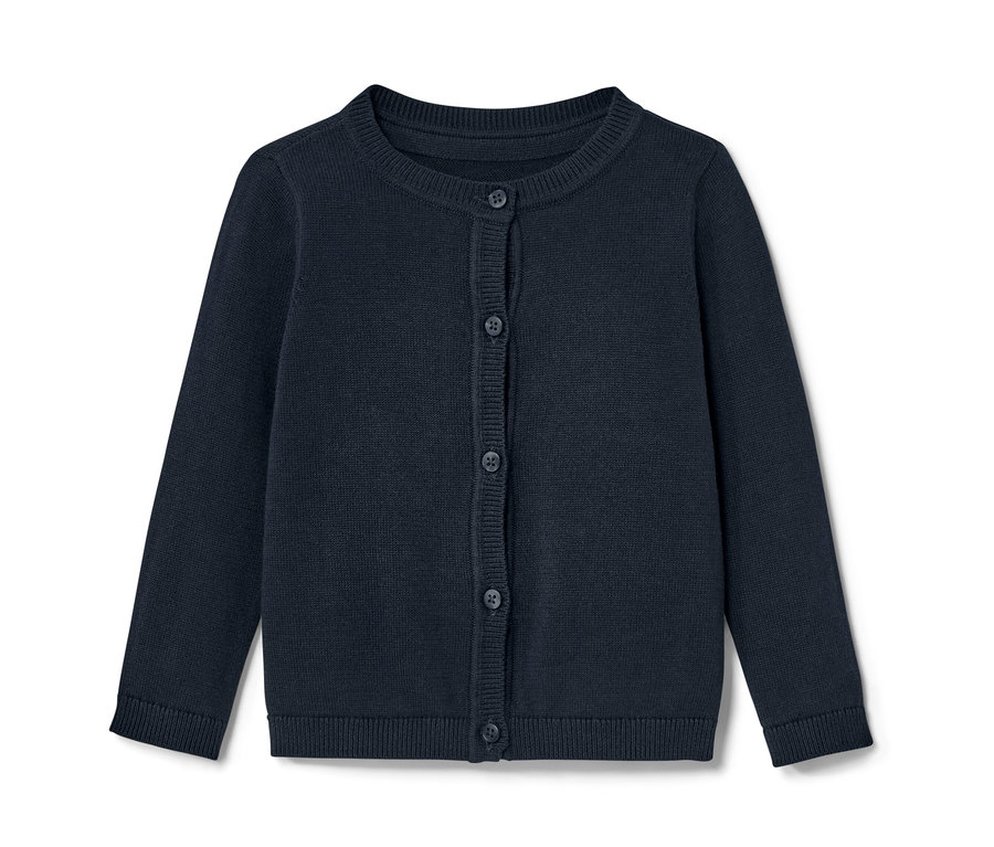 Sötétkék kötött gyerekkardigán gombokkal.