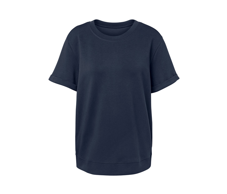 Sötétkék, rövid ujjú női felső.