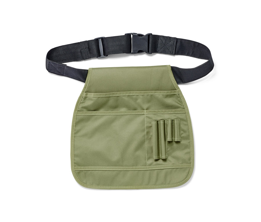 Zöld kerti szerszámtartó öv fekete pánttal.