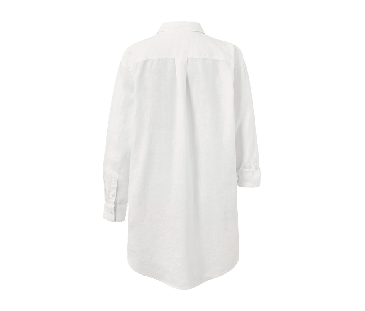 Hátulról látható egy fehér lenvászon blúz.