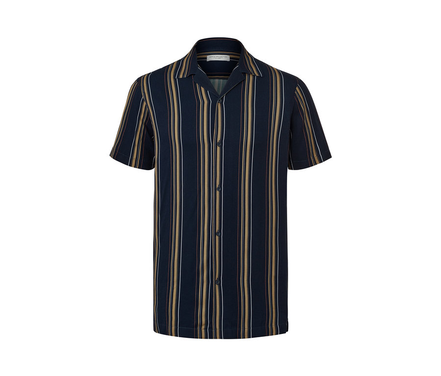 Kék, függőlegesen csíkos, rövid ujjú férfi ing.