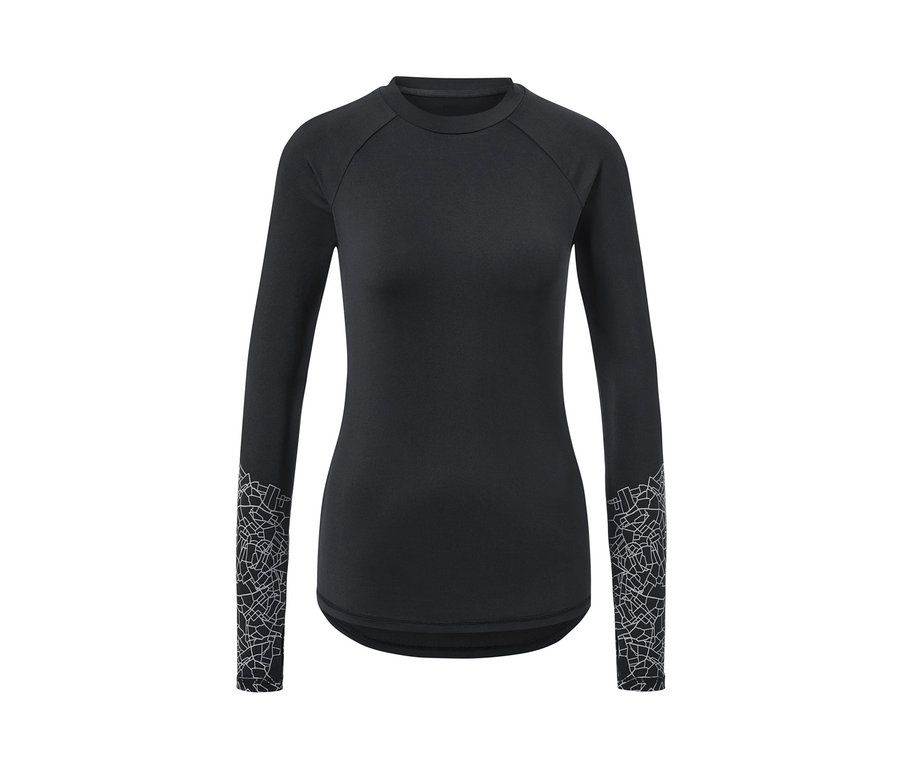 Fekete, hosszú ujjú funkcionális felső, ezüst mintával az ujján.