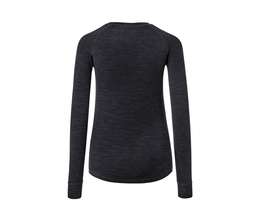 Hátulnézet egy antracit színű, merinógyapjúval készült női hosszú ujjú funkcionális felsőről.