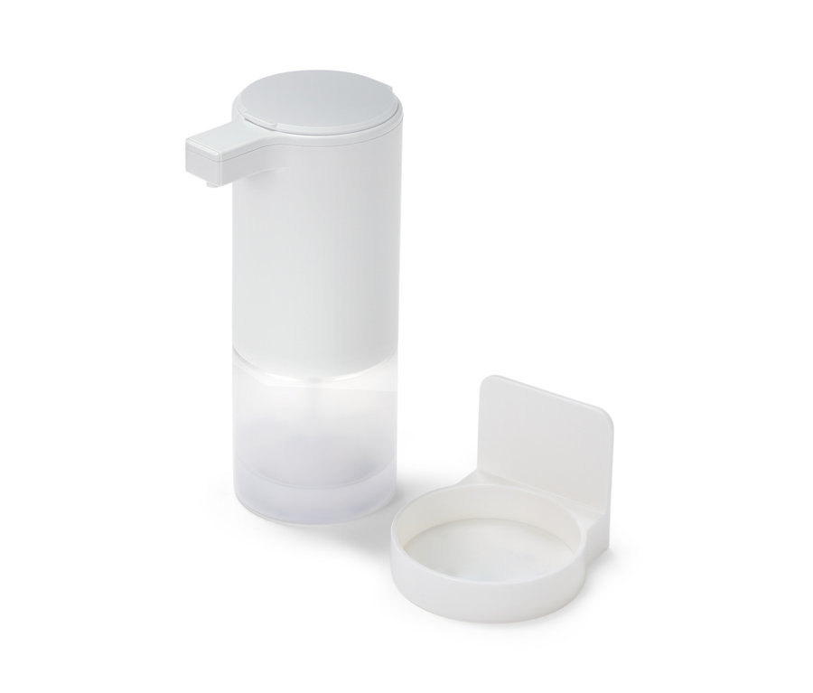 Fehér szenzoros szappanadagoló fali tartóval.