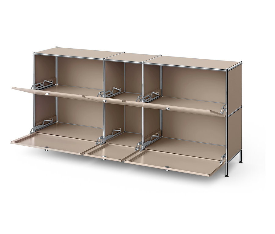 Bézs moduláris polc hat rekesszel és felnyitható ajtókkal.