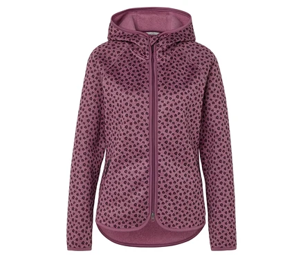 Lila női fleece kapucnis pulóver pöttyös mintával.