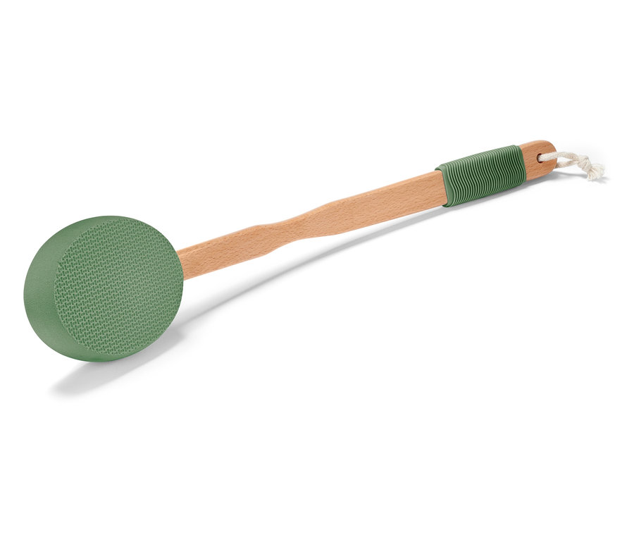 Zöld mosószivacs fa nyéllel és akasztózsinórral.