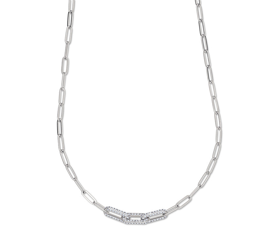 Ezüst színű lánc nyaklánc, középen díszítő elemmel.