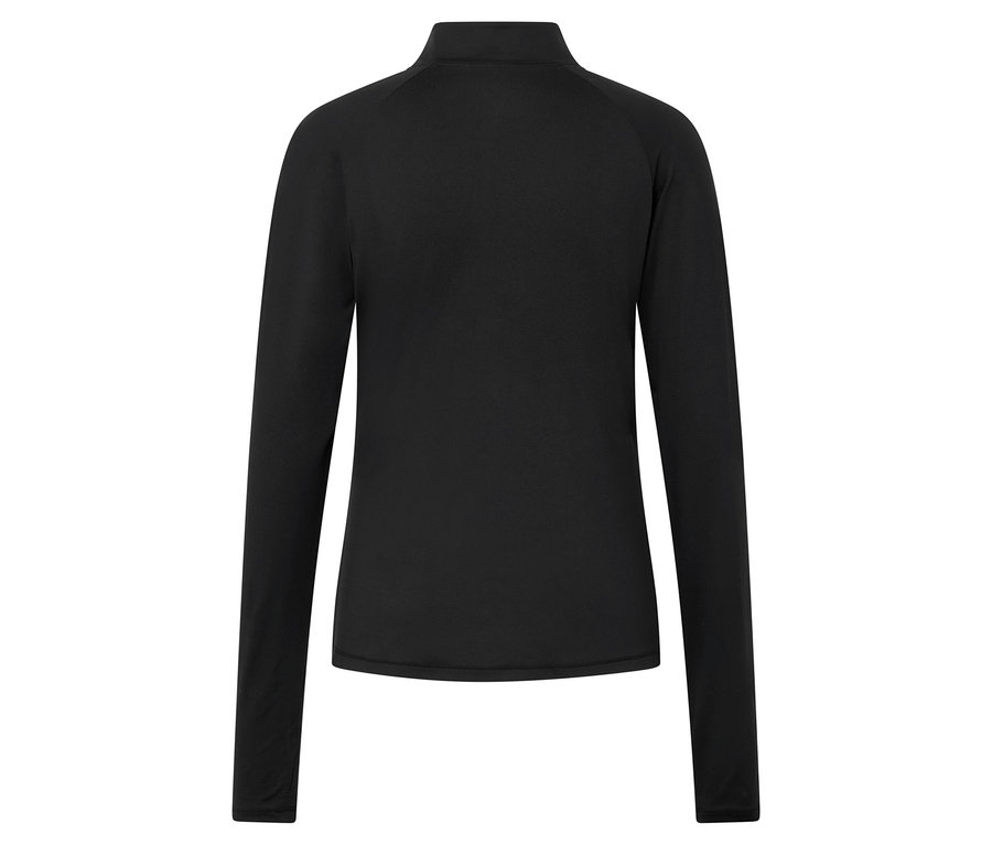 Egy fekete, hosszú ujjú sportfelső hátulnézete.