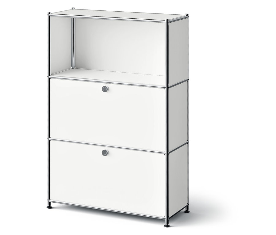 Fehér szekrény két fiókkal és egy nyitott felső polccal.