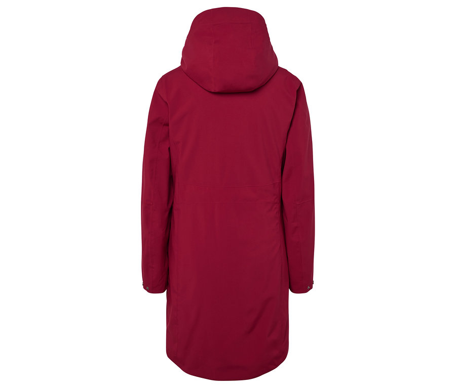Hátulnézet egy bordó színű, kapucnis kabátról.