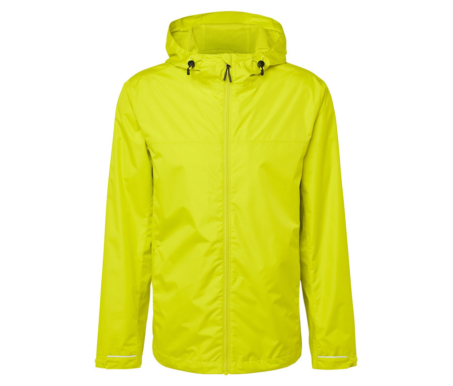 Sárga, cipzáras, kapucnis esőkabát.
