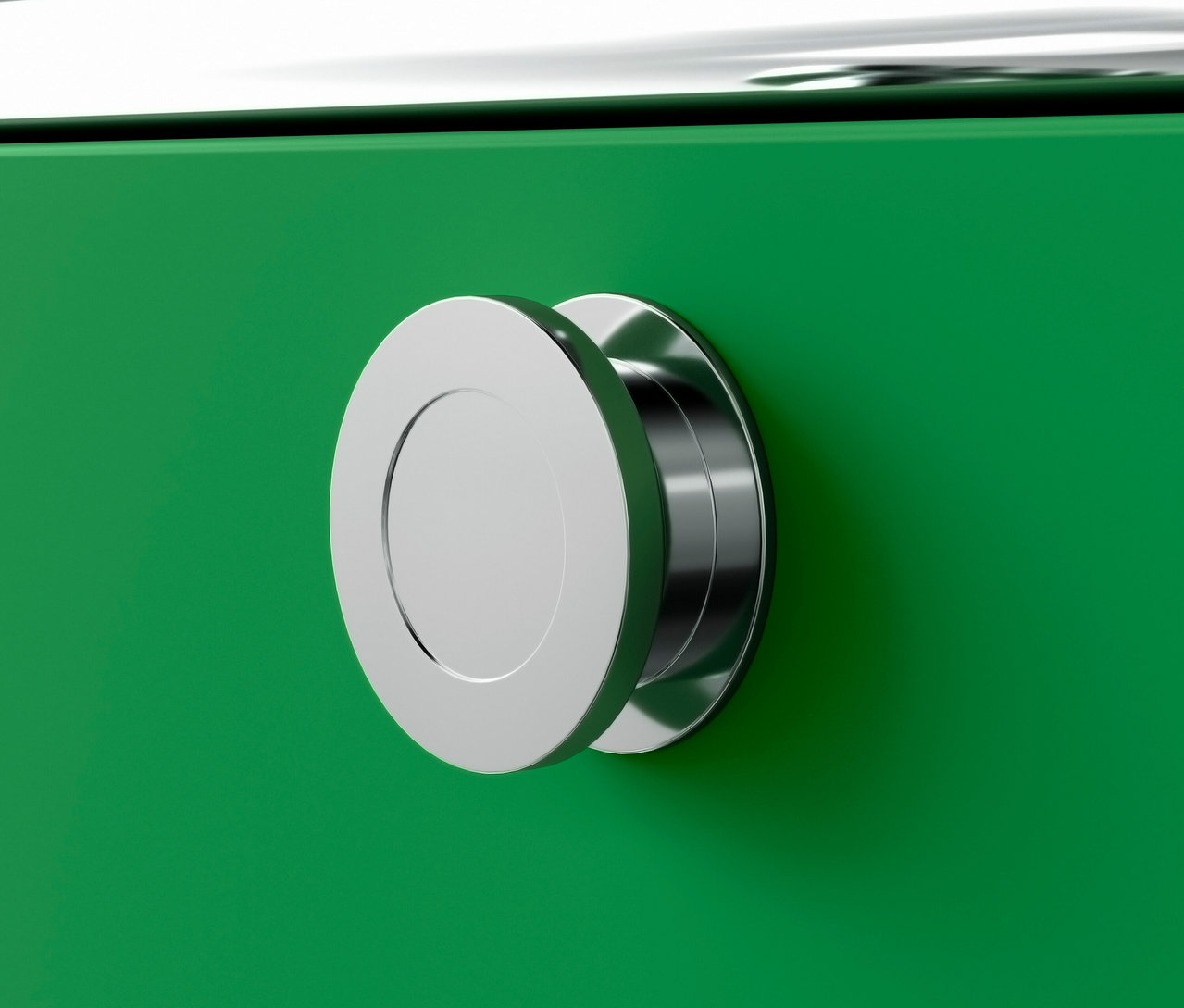 Közelkép egy zöld »CN3« görgős tárolóra 3 fiókkal és egy kerek, ezüst fogantyúval.