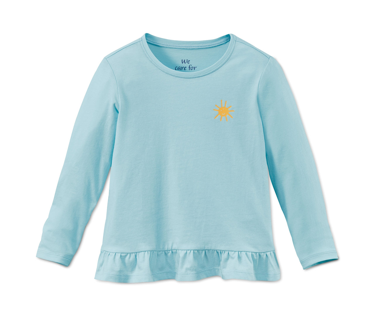 Egy kék, hosszú ujjú, bio pamut póló, fodrokkal.