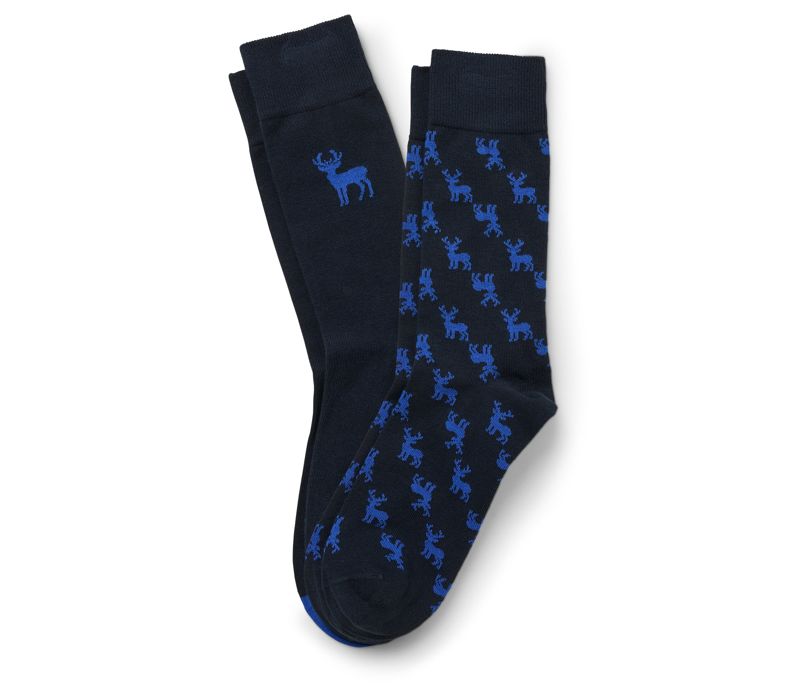 Két pár zokni, egy egyszínű sötétkék világoskék rénszarvassal, egy sötétkék világoskék rénszarvasokkal.