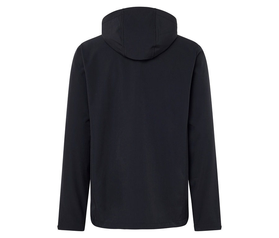 Sötétkék kapucnis kabát, hátulnézet.