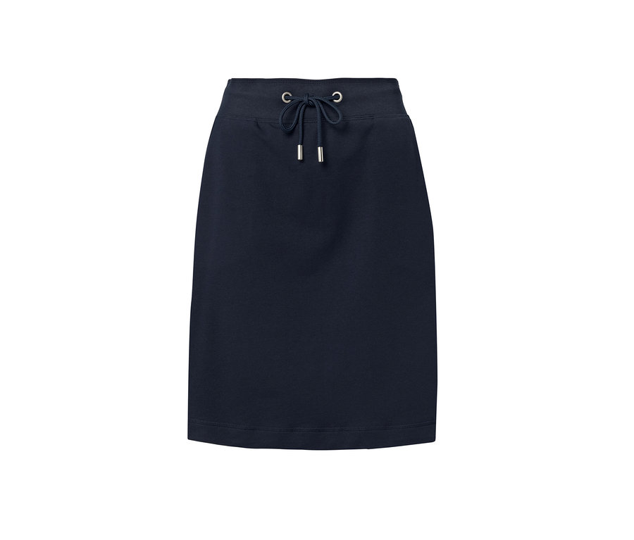 Egy sötétkék színű, húzózsinóros derekú női lezser szoknya.