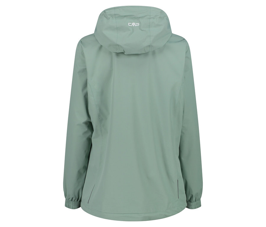 Hátulnézet egy világoszöld CMP kabátról kapucnival.
