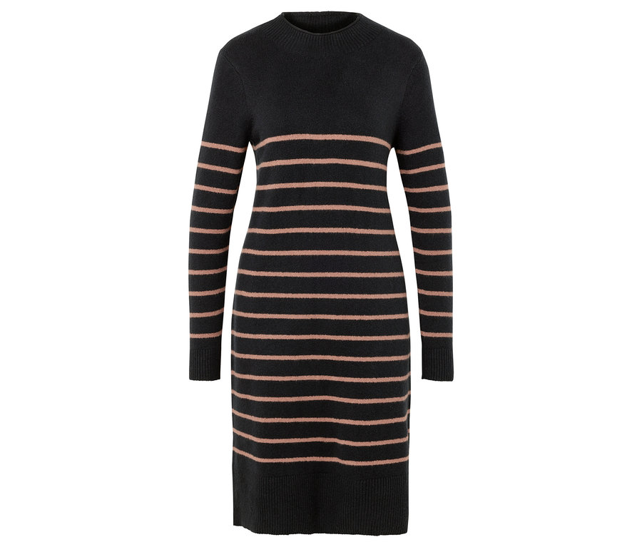 Egy fekete színű, rózsaszín vízszintes csíkos kötött ruha.