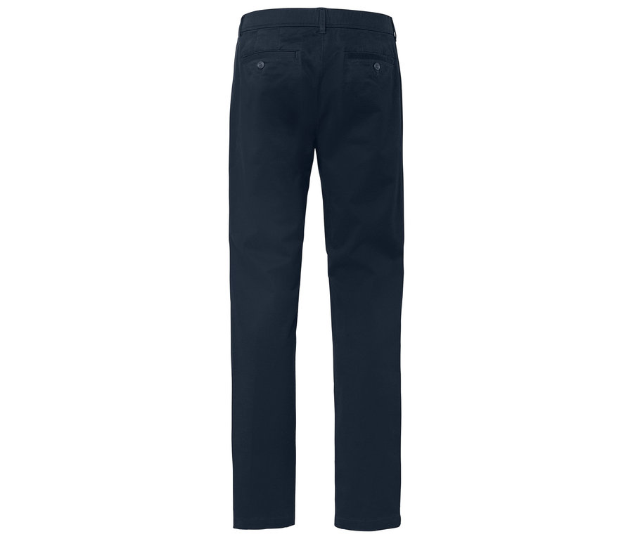 Sötétkék, hosszú nadrág hátulról, zsebekkel.