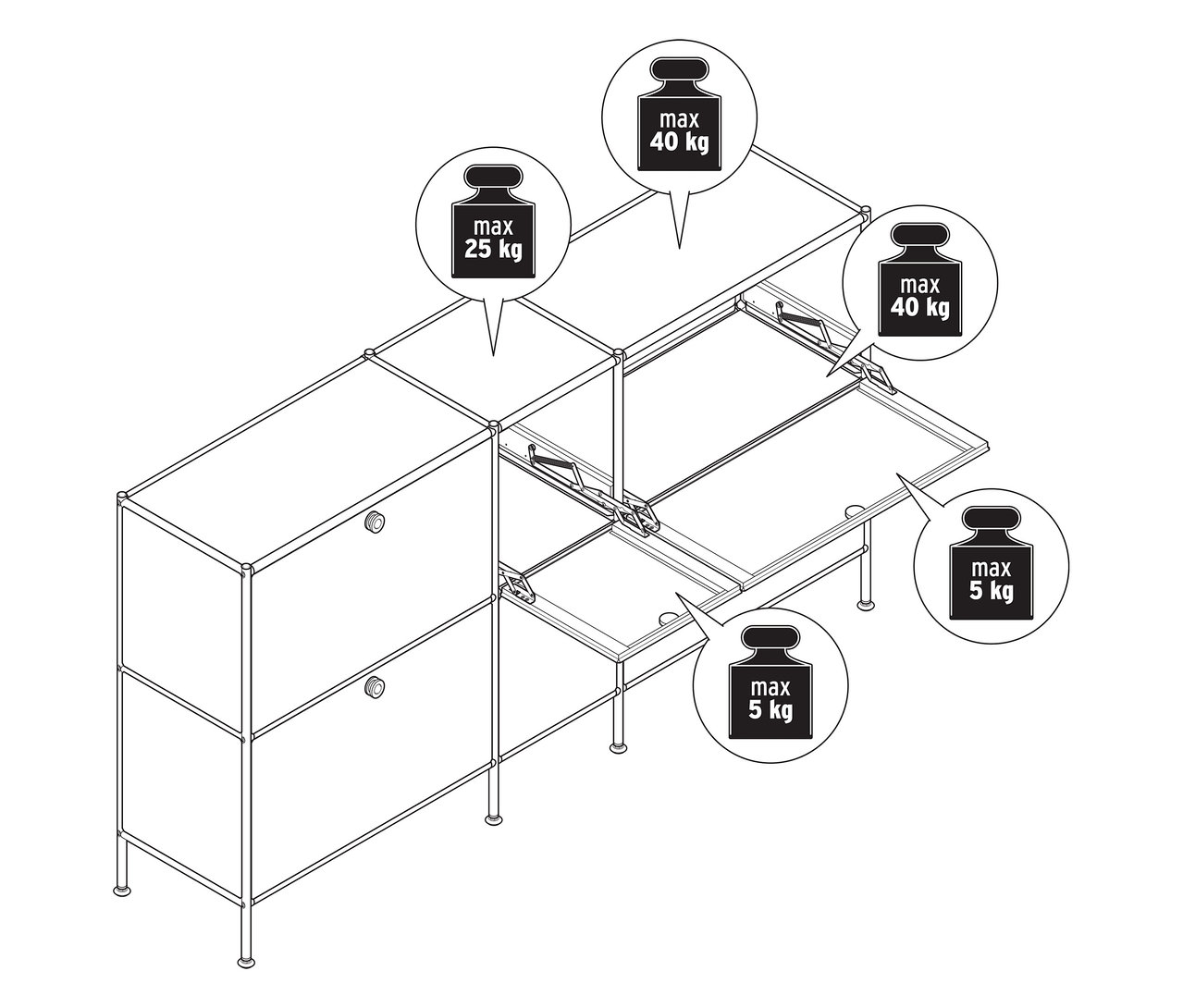 Felülnézet egy nagy »CN3« fém szekrényről hat lenyíló ajtóval.