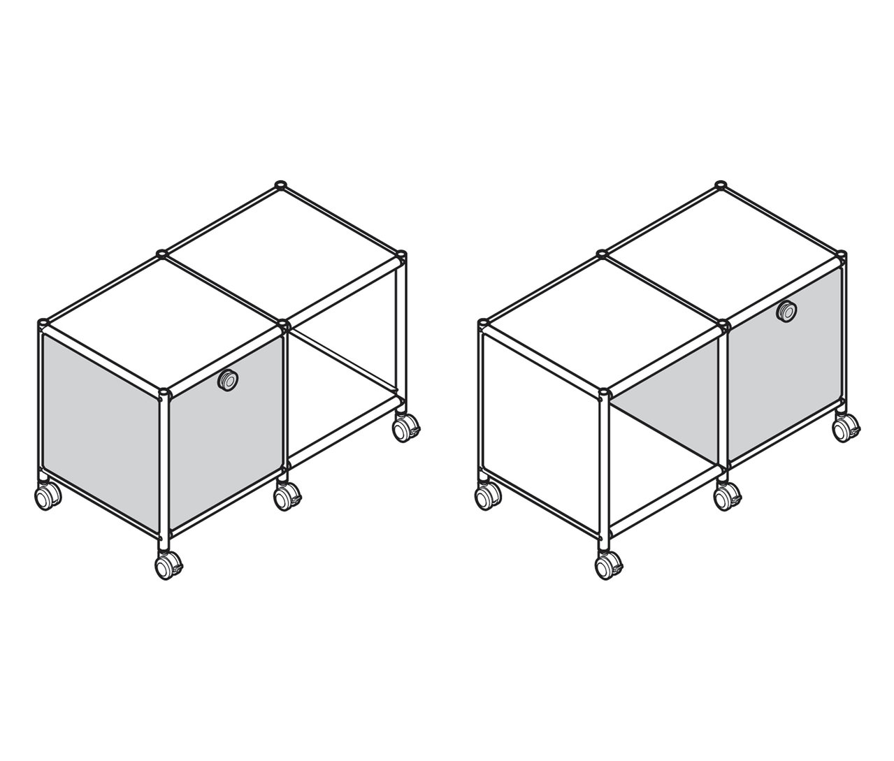 Két »CN3« fém kisasztal 1 lenyíló ajtóval és görgőkkel, egy fehér és egy szürke.