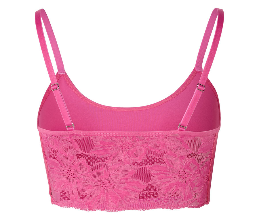 Hátulnézet egy rózsaszín csipkés bralette-ről, állítható pántokkal.