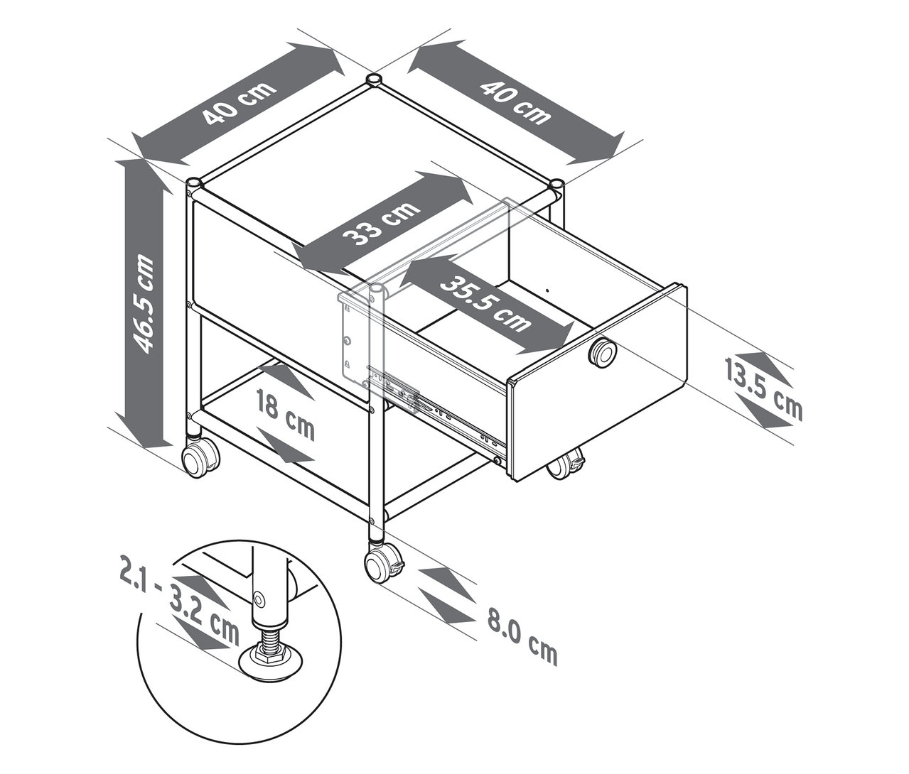 Felülnézet egy »CN3« fém asztalról kihúzható fiókkal és látható méretekkel.