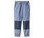 Világoskék nadrág sötétkék betéttel a lábszáron és gumis derékpánttal.